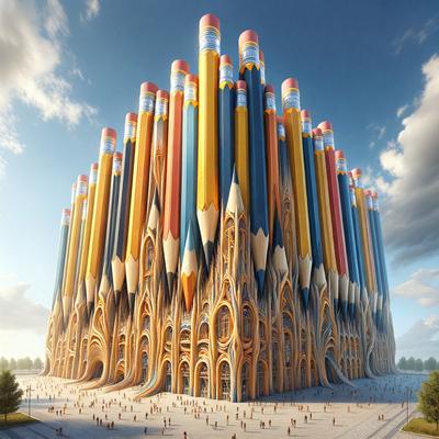 The primary subject of the image is a large building made of many stacked pencils. The building is colorful and has a unique design, making it stand out. The setting is an outdoor area with a crowd of people walking around and interacting with each other. The visual style of the image is a combination of digital art and illustration, creating a vibrant and eye-catching scene. The colors and mood of the image are lively and energetic, with the bright colors of the pencils and